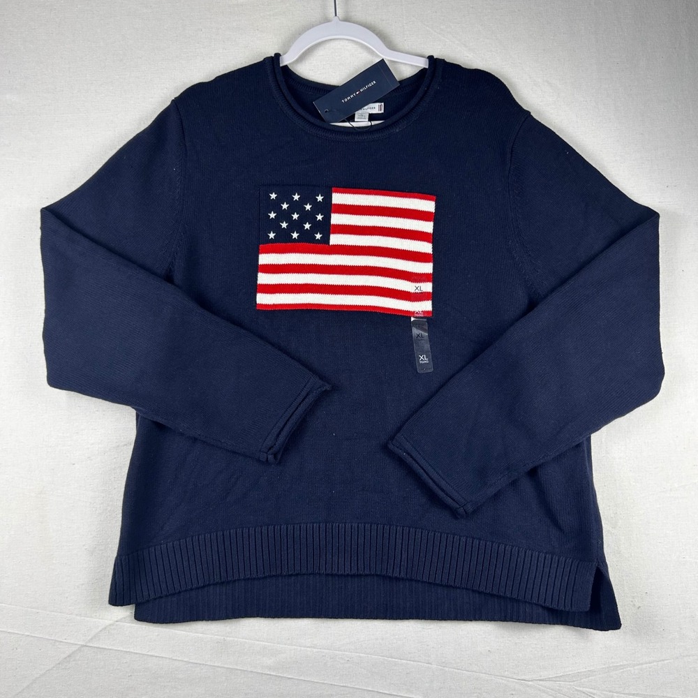 Tommy Hilfiger Women Navy Blue American Flag Cotton Sweater XL XW07858 400 DW5